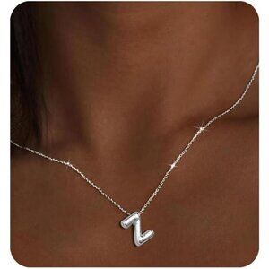 Silver Initial Pendant Necklace – Personalized Letter “Z” Trendy Stuffed Bubble